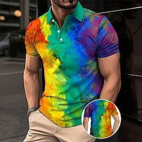 Pride Month Men's Rainbow Polo Short Sleeve Polo Shirts Collared Shirts Casual Outdoor Daily Wear Festival Outfit 3D Print Summer Rainbow