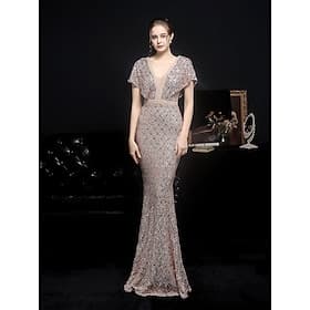 Meerjungfrau  Trompete Quinceanera Kleider Elegantes Kleid Formelle Hochzeit Bodenlang Kurze Ärmeln V-Ausschnitt Pailletten mit Pailletten