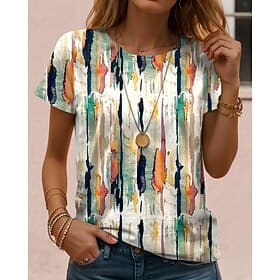 Women's T Shirt Print Graphic Geometric Striped Vintage Stylish Classic Short Sleeve Crew Neck Regular Tops Daily Blue Black White Royal Blue Purple Summer Spr