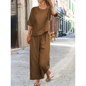 Women's Cotton Linen Sets Two Piece Sets Pure Color Hot Casual Comfort Home Daily Spring Fall
