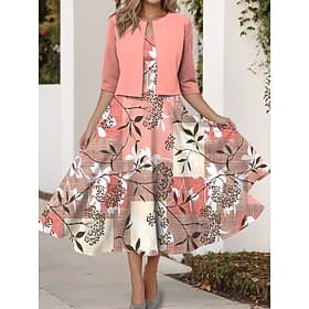 Femmes Robe Ensemble Robe trapèze Robe d'été Fête Robes semi-formelles Fleuri Graphique Imprimé Robe Midi Demi Manches Col en V Quotidien robe demoiselle d hon thumbnail 2