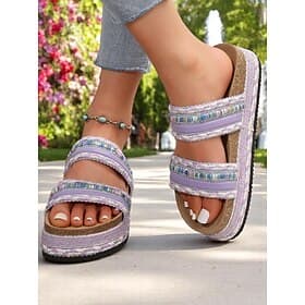 Women's Boho Blue Woven Slide Sandals – Ethnic Platform Slippers for Beach Holidays  Casual Summer Outfits
