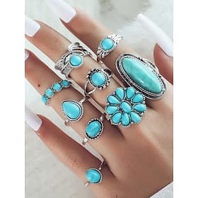 Türkisfarbenes Boho-Ringset für Damen – stapelbare Ringe aus Vintage-Legierung mit Edelsteinakzenten für den Westernstil, Festivals oder den Alltag