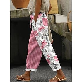 Women's Linen Like Chinos Baggy Pants Beach Shorts Vintage Fashion Basic Full Length High Waist Floral Graphic Plaid Printing Soft Breathable Micro-elastic Cas