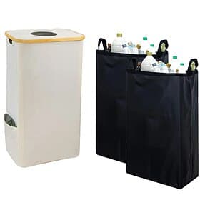 Recycling Bin for Kitchen Indoor Home, 100L Laundry Hamper with 2 Removable Inner Bags, Bamboo Frame, Oxford Fabric, Self-Closing Top Opening, Side Pocket, Org