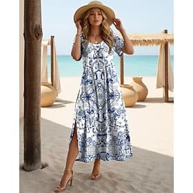 Damen Midikleid Sommerkleid A Linie Kleid Urlaub Lässig Boho Schmetterling Strand Normale Passform Grafik Stammes Kurzarm Rundhalsausschnitt Blau Hellblau Schw thumbnail 2