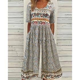 Women's Normal Jumpsuit Casual Floral Short Sleeve Crew Neck Print Street Daily Regular Fit Blue Apricot Summer