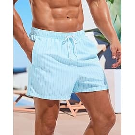 Men's Swim Shorts Board Shorts Swim Trunks Stripes Quick dry Breathable Drawstring Elastic Waist Vacation Beach Hawaiian Casual Light Blue