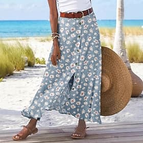 Women's Casual Boho Maxi Mid Rise Skirts Floral Print Split Ends Micro-elastic Street Going out Blue Sky Blue Brown Green Summer