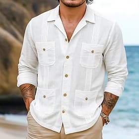 Hombre Camisa Camisa de lino Camisa Guayabera Camisa de verano Camisa de playa Color sólido Vacaciones Casual Blanco Manga Larga cuello de campamento Ropa Múlt
