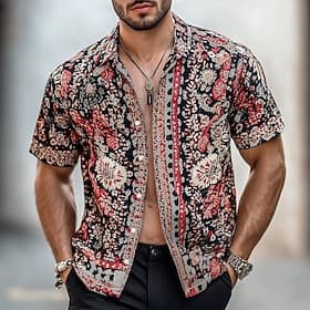 Men's Floral Print Indian Boho Shirt Summer Hawaiian Shirt Button Up Shirt Short Sleeve Hawaiian Vacation Holiday Beach Wear Summer Spring Turndown 3D Print Co thumbnail 2