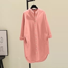 Damenbluse aus 100 % Baumwolle, mit Tasche, Knöpfen, schlichtem, modernem Freizeit-Look, langen Ärmeln, V-Ausschnitt, langem Oberteil, ideal für Urlaub und Aus
