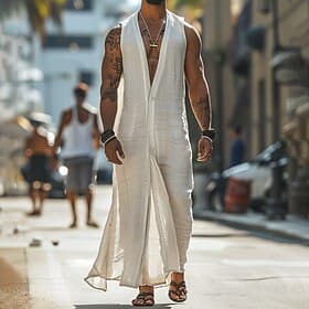 Men's Summer Shirt Casual Shirt Beach Shirt Cotton Shirt White Sleeveless Solid / Plain Color V Neck Vacation Hawaiian Clothing Apparel Fashion Casual Comforta