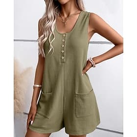 Women's Normal Romper Streetwear Solid Color Sleeveless U Neck Buttons Pocket Street Daily Regular Fit Black Light Green Pink Summer