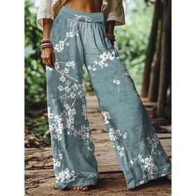 Women's Wide Leg Chinos Baggy Pants Beach Shorts Vacation Vintage Fashion Full Length High Waist Floral Graphic Printing Soft Breathable Micro-elastic Casual D