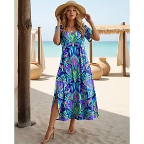 Damen Midikleid Sommerkleid A Linie Kleid Urlaub Lässig Boho Schmetterling Strand Normale Passform Grafik Stammes Kurzarm Rundhalsausschnitt Blau Hellblau Schw thumbnail 3