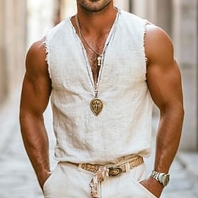 Men's Linen Shirt Tank Top Vest Undershirt Sleeveless V Neck Summer Plain Fashion Bohemian Classic Street Casual Sports White Top Tee for Men