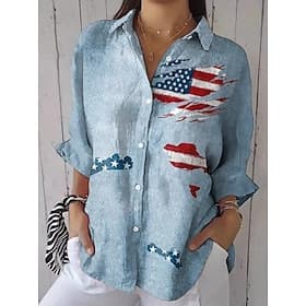 American Independence Day Women's Shirt Linen Like Breathable Lightweight Button Down Tunic Shirt Collar Long Sleeve Graphic Flag Vintage Daily Stylish Work Da