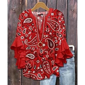 Damen Retro Bluse mit Schichten Rüsche Ärmel Tops Vintage Blumen Grafik Paisley Bohemia Vintage Täglich 3/4 Länge Ärmel Reguläre Tops Täglich Urlaub Freizeit K