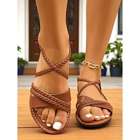 Women's Brown Braided Strap Flat Sandals – Casual Boho Style Open-Toe Summer Sandals for Daily Wear, Beach Vacations, and Outdoor Outings