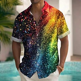 Men's Rainbow Splash Ink Pride Shirt Summer Shirt Button Up Shirt Short Sleeve Fashion Casual Holiday Summer Spring Turndown 3D Print Collared Shirts Front One