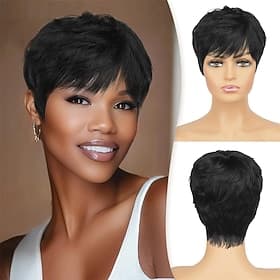 Perruque synthétique coupe lutin pour femmes noires avec frange, perruque courte noire naturelle, ondulée en couches, style différent, perruques courtes pour f