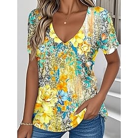 Women's T Shirt Print Floral Graphic Plants Vintage Stylish Classic Short Sleeve V Neck Regular Tops Daily Yellow Pink Green Summer Spring