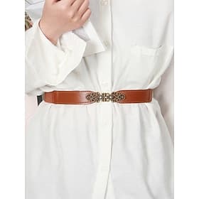 Women's Vintage Elastic Waist Belt with Bronze Scroll Buckle – Faux Leather Cinch Belt for Dresses and Blouses, Elegant Style for Daily Wear and Formal Occasio