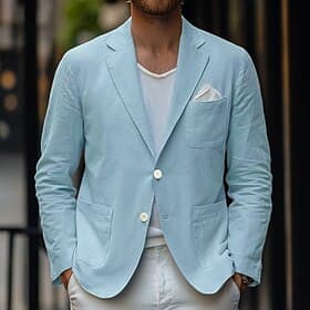 Per uomo Blazer di Lino Giacca Sportiva Casuale Quotidiano Primavera Estate Cotone e Lino Tinta unica Comodo Monopetto due bottoni Giacca Beige Azzurro chiaro