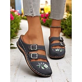 Women's Embroidered Cutout Buckle Strap Mules – Vintage-Inspired Floral Casual Shoes, Great for Spring Walks and Daily Style