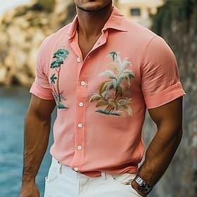 Herren Leinenhemd Sommerhemd Strandbekleidung Knopfhemd Palme Urlaub Ferien Rosa Kurzarm Umlegekragen Sommer Frühling Bekleidung thumbnail 2