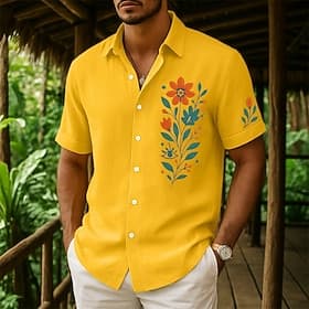 Men's Shirt Linen Shirt Summer Shirt Beach Wear Button Up Shirt Floral Vacation Curise Yellow Pink Navy Blue Green Short Sleeve Collar Summer Spring  Summer Cl