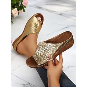 Women's Gold Croc-Embossed Slide Sandals with Wedge Heel – Stylish Open-Toe Slip-On Shoes, Perfect for Beach Vacations, Garden Parties, Poolside Brunch  Summer
