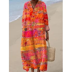 Women's Midi Dress V Neck Long Sleeve Kaftan Lightweight Loose Fit A Line Dress Casual Boho Party Going out Graphic Geometric Stripe Long Sleeve V Neck Ash Yel