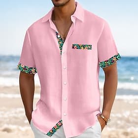 Men's Shirt Linen Shirt Summer Shirt Beach Wear Button Up Shirt Solid Color Vacation Curise Black Pink Green Light Blue Short Sleeve Collar Summer Spring  Summ