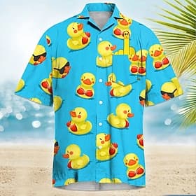 Men's Little Yellow Duck Funny Cuban Collar Shirt Summer Hawaiian Shirt Aloha Shirt Short Sleeve Hawaiian Vacation Holiday Beach Wear Summer Spring Camp Collar
