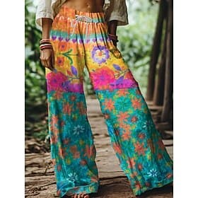 Women's Boho Wide Leg Chinos Baggy Pants Vacation Vintage Fashion Full Length High Waist Floral Graphic Printing Soft Breathable Micro-elastic Formal Vacation