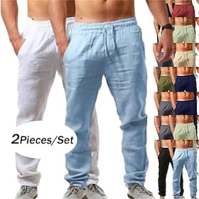 Men's Linen Pants Trousers Summer Pants Baggy Pants Beach Pants Drawstring Elastic Waist Multi-pack Plain Comfort Breathable Full Length Outdoor Daily Holiday