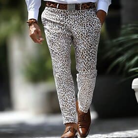 Men's Leopard Print Dress Pants Trousers Suit Pants Mid Waist Vintage Retro Vacation Casual Regular Fit Flat-Front Straight Leg Pants with Pockets Summer Sprin