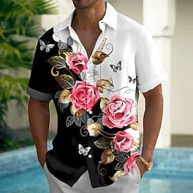Voor heren Bloemenprint Bloemen Hawaiiaans overhemd Overhemd met knopen Aloha-shirt Korte mouw Hawaii Feestdagen Strand Kleding Zomer Lente Strijkijzer 3D-afdr