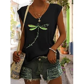 Women's T Shirt Print Graphic Animal Stylish Casual Sleeveless V Neck Regular Tops Daily Going out Weekend Blue Black White Green Gray Summer Spring