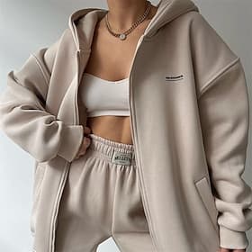 Women's Tracksuit Sweatpants Hooded Jacket Baggy Zipper Pocket Solid Colored Clothing Suit Fall Black Dark Gray Gym Workout Sports Windproof Long Sleeve Sport