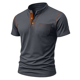 Men's Henley Shirt Tee Short Sleeve Solid Color Plain Casual Pocket Buttons Contrast Stitching Henley Casual Daily Outdoor Summer Spring   Fall Navy Blue Henle