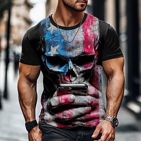 American Independence Day Men's Skull American US Flag T Shirt Short Sleeve T shirt 3D Print Crew Neck Shirt Fashion Daily Basic Street Casual Daily Black Summ thumbnail 2