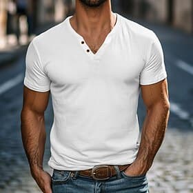 Men's Henley Shirt Tee Top Short Sleeves Plain Fashion Designer Basic Buttons V Neck Henley Casual Vacation Street Summer White Henley T-Shirt