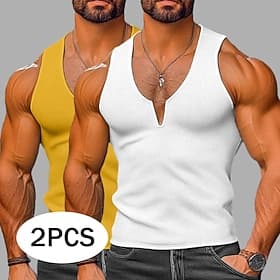 Men's Waffle Tank Top Tank Top Vest Undershirt Sleeveless V Neck Summer Plain Fashion Classic Casual 2 Piece Multi-pack Casual Gym Street YellowBlue YellowLigh