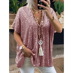 Women's Blouse Sequins Solid Color Tropical Casual Short Sleeve V Neck Regular Tops Daily Blue Silver Black Pink Apricot Summer Spring