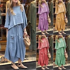 Women's Pants Sets Faux Cotton Linen Long Sleeve Round Neck Solid Color Elegant Fashion Basic Casual Daily Outdoor Blue Black White Summer Regular Fit