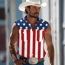 Independence Day Men's American US Flag Patriotic Fourth of July Shirt Western Shirt Cowboy Shirt Sleeveless Fashion Casual Holiday Summer Spring Turndown Fron