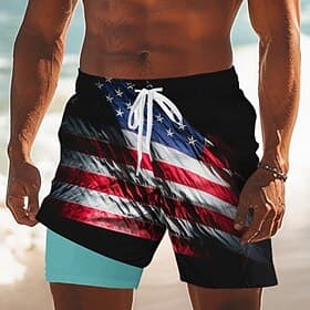 Independence Day Men's Patriotic USA Flag Fourth of July Lined Shorts 2 in 1 Board Shorts Swim Trunks Mid Waist Holiday Side Pockets With Compression Liner Ela thumbnail 2